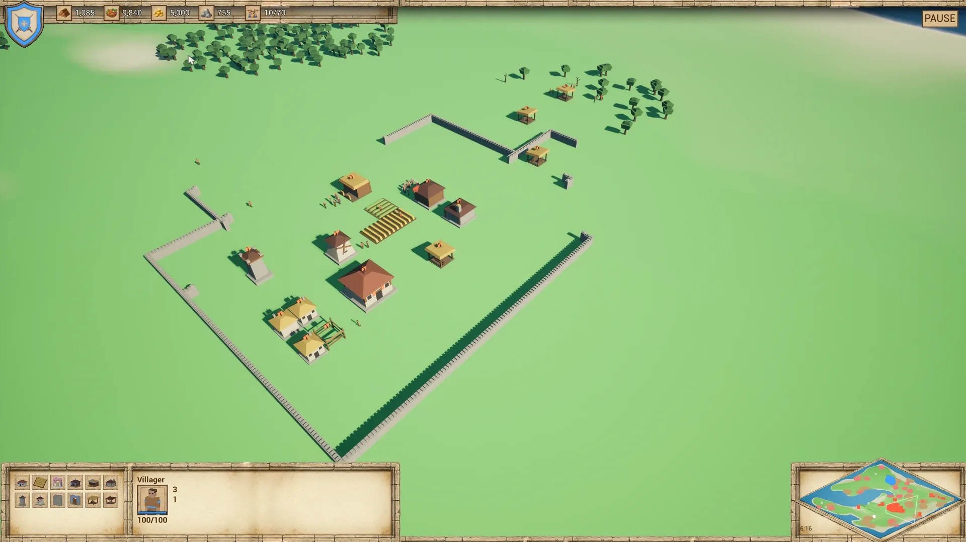 The AI faction's settlement from high above, about six minutes into a match: houses, a mill, farms, a Town Centre and a watch tower grouped by type, lumber camps out by a distant forest, and a long wall ring partly built around it. Its buildings fly orange-red flags.