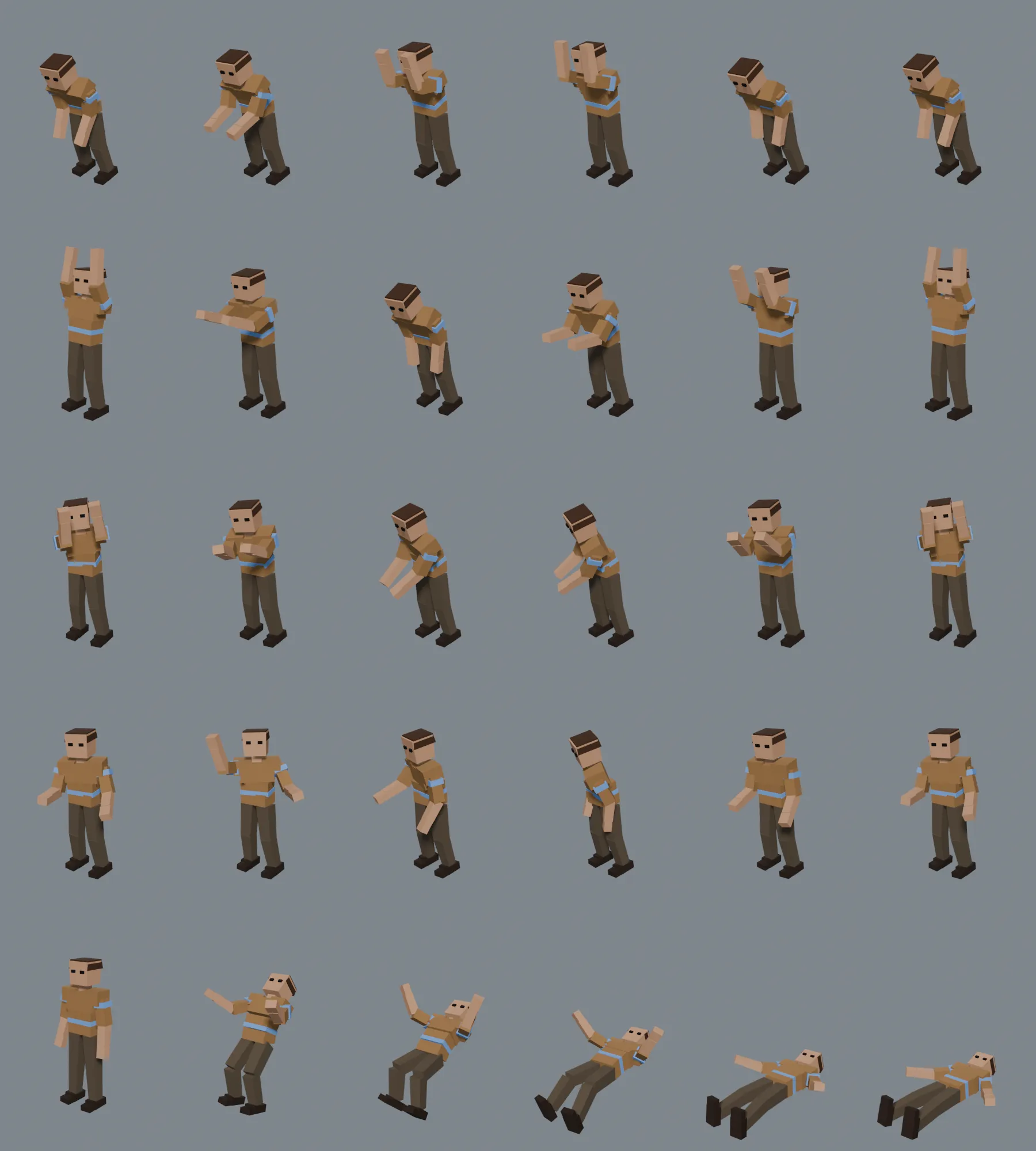 A contact sheet of the Villager in six poses from each of five clips, one clip per row, the last row falling backwards to lie flat on the ground.