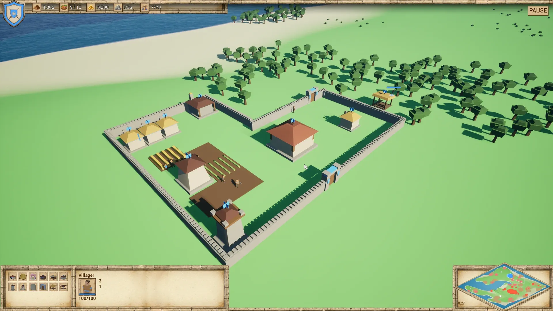 A match on the RTSKit demo map from the default RTS camera: a walled village with thatched houses, a mill between two farm fields, the Town Centre, a watch tower and two gates, and a lumber camp at the edge of a forest, with the coast behind. The HUD runs along the top and bottom, with a diamond minimap in the bottom right.