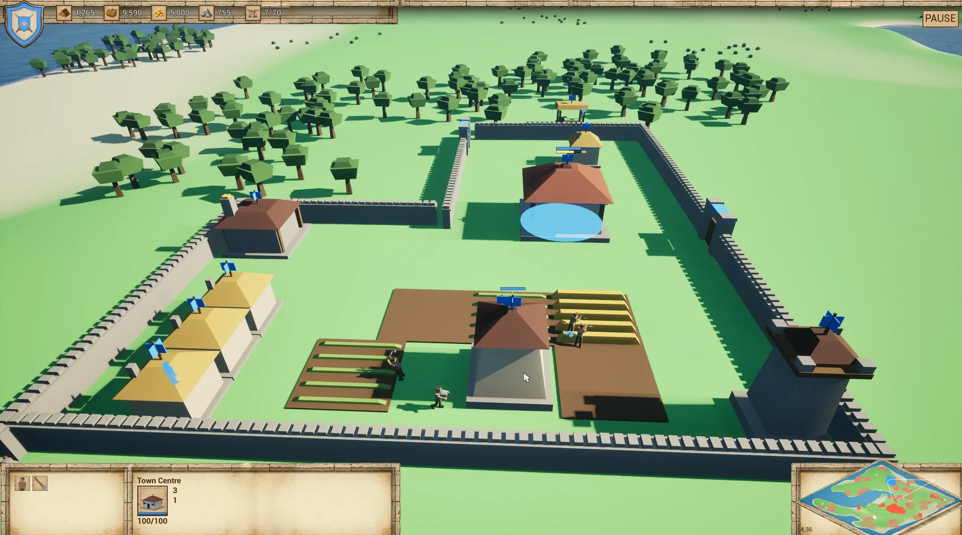 Inside the walled village, villagers work the farm fields around the Mill while another walks between them. The Town Centre is selected, and the selection panel and command card show it.