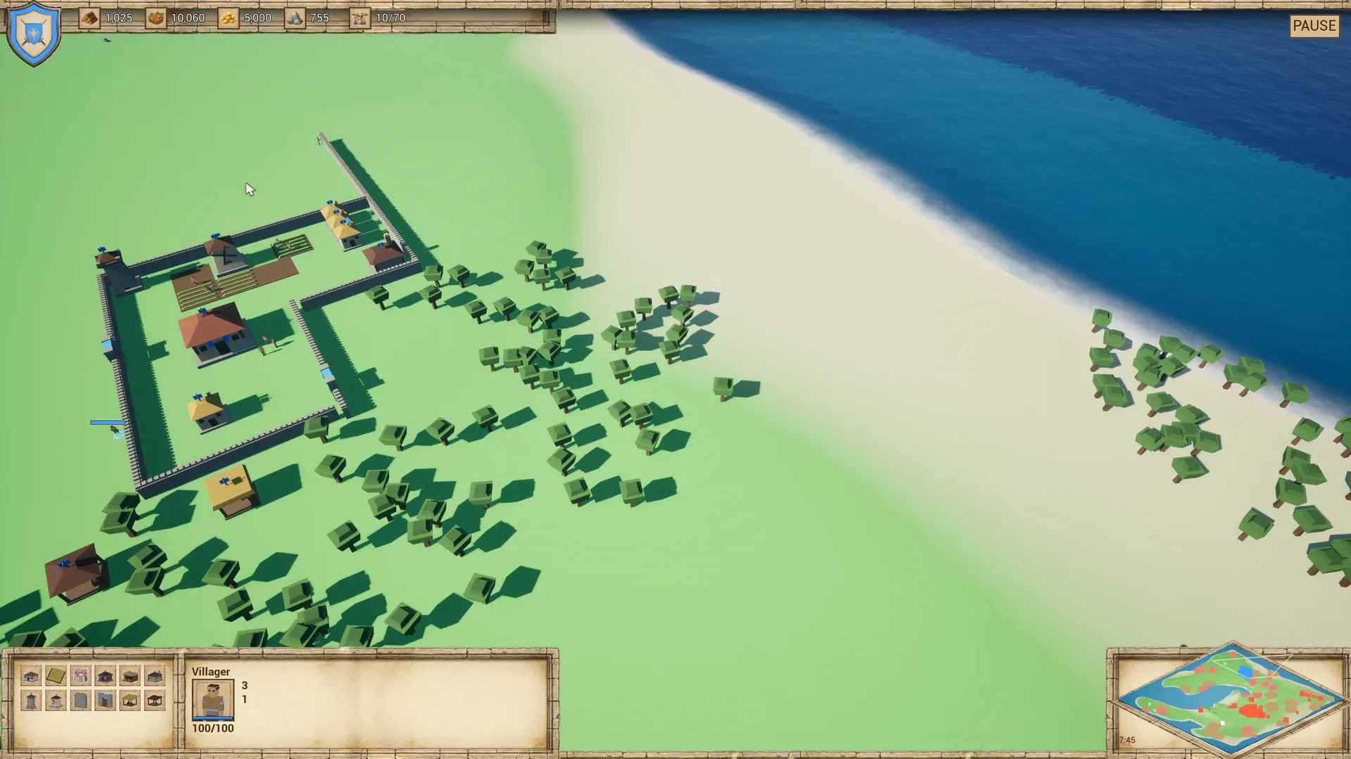 The full demo HUD over a walled village on the coast: a crest and the Wood, Food, Gold, Stone and population counters along the top, the command card and the selection panel showing a Villager in the bottom left, and the diamond minimap with the match clock in the bottom right.