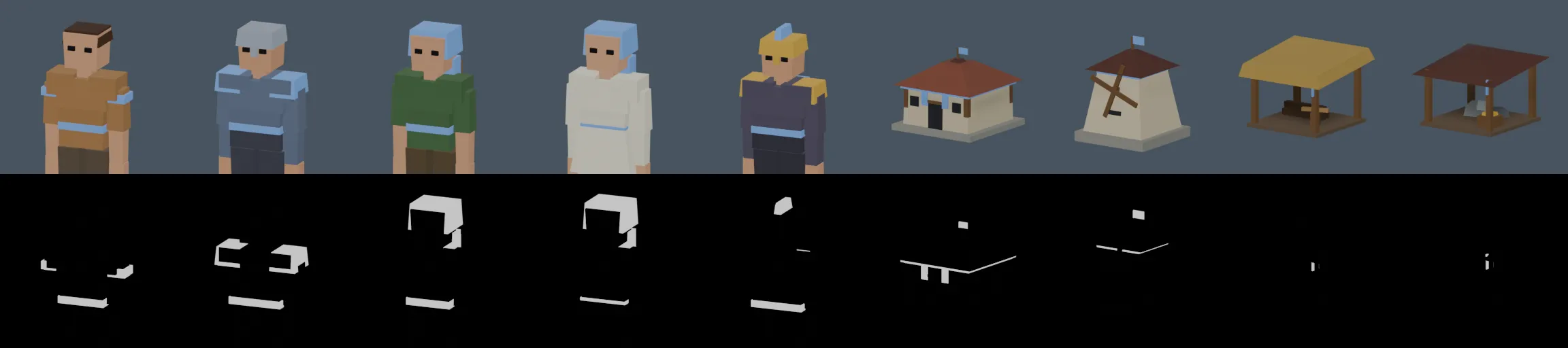 Nine RTSKit icons on a dark background with their masks underneath: Villager, Infantry, Archer, Priest and Hero portraits, then the Town Centre, Mill, Lumber Camp and Mining Camp. The masks are black with the faction-coloured parts in white.