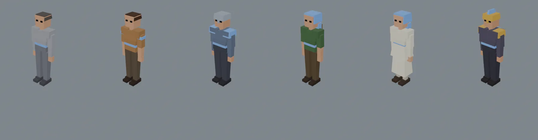 Six RTSKit characters standing side by side: the grey Base figure, the Villager in an orange tunic, the armoured Infantry, the hooded green Archer, the Priest in a white robe, and the Hero in dark armour with a gold crested helm.
