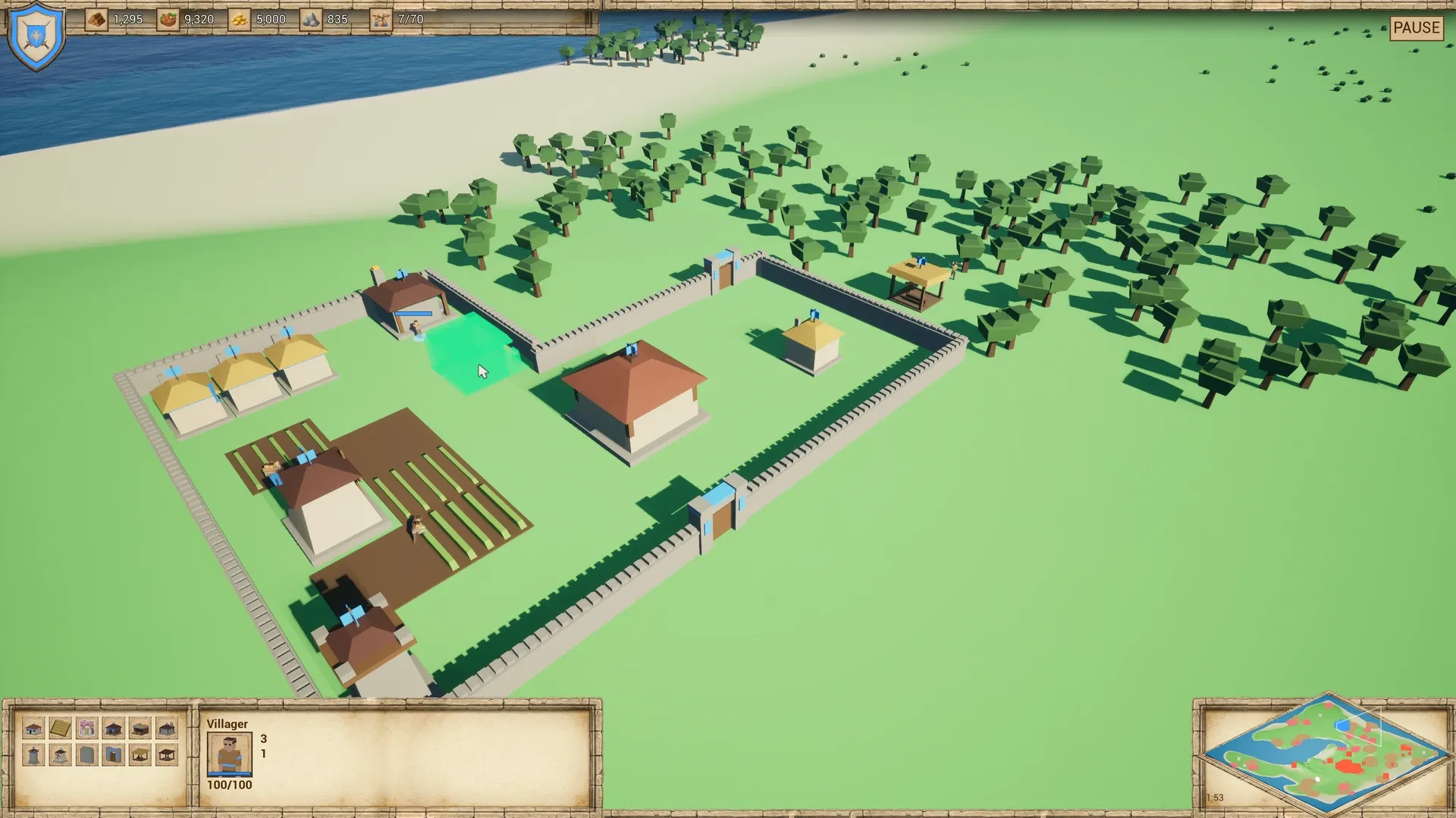 Placing a building inside the village walls: the ghost preview is a translucent green box on a free patch of ground next to a camp.