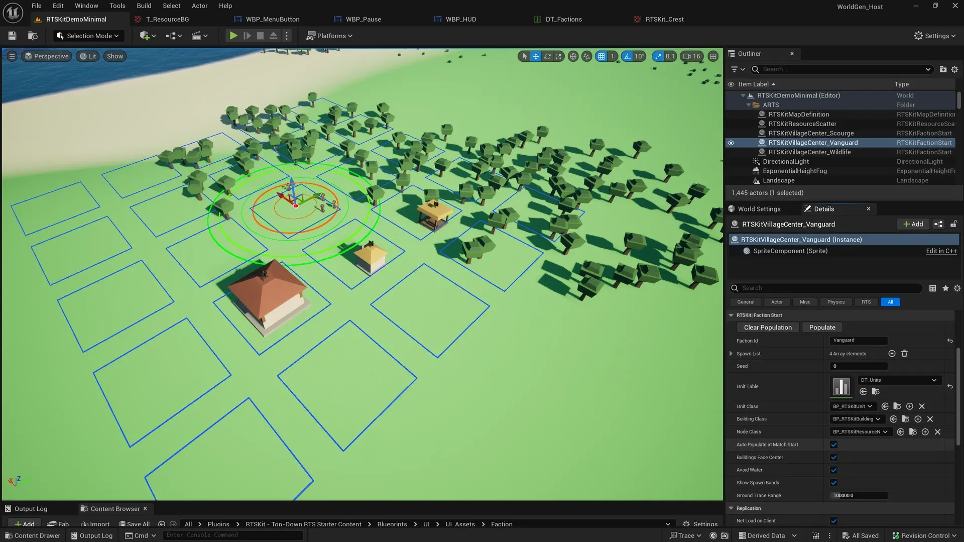 The Unreal editor with an RTSKitFactionStart actor selected. The viewport shows its starting village on the terrain, a Town Centre, a house and a lumber camp among trees, with blue outlines of the settlement plan's blocks and coloured rings around the actor. The Details panel shows the Populate and Clear Population buttons, with Faction Id set to Vanguard.