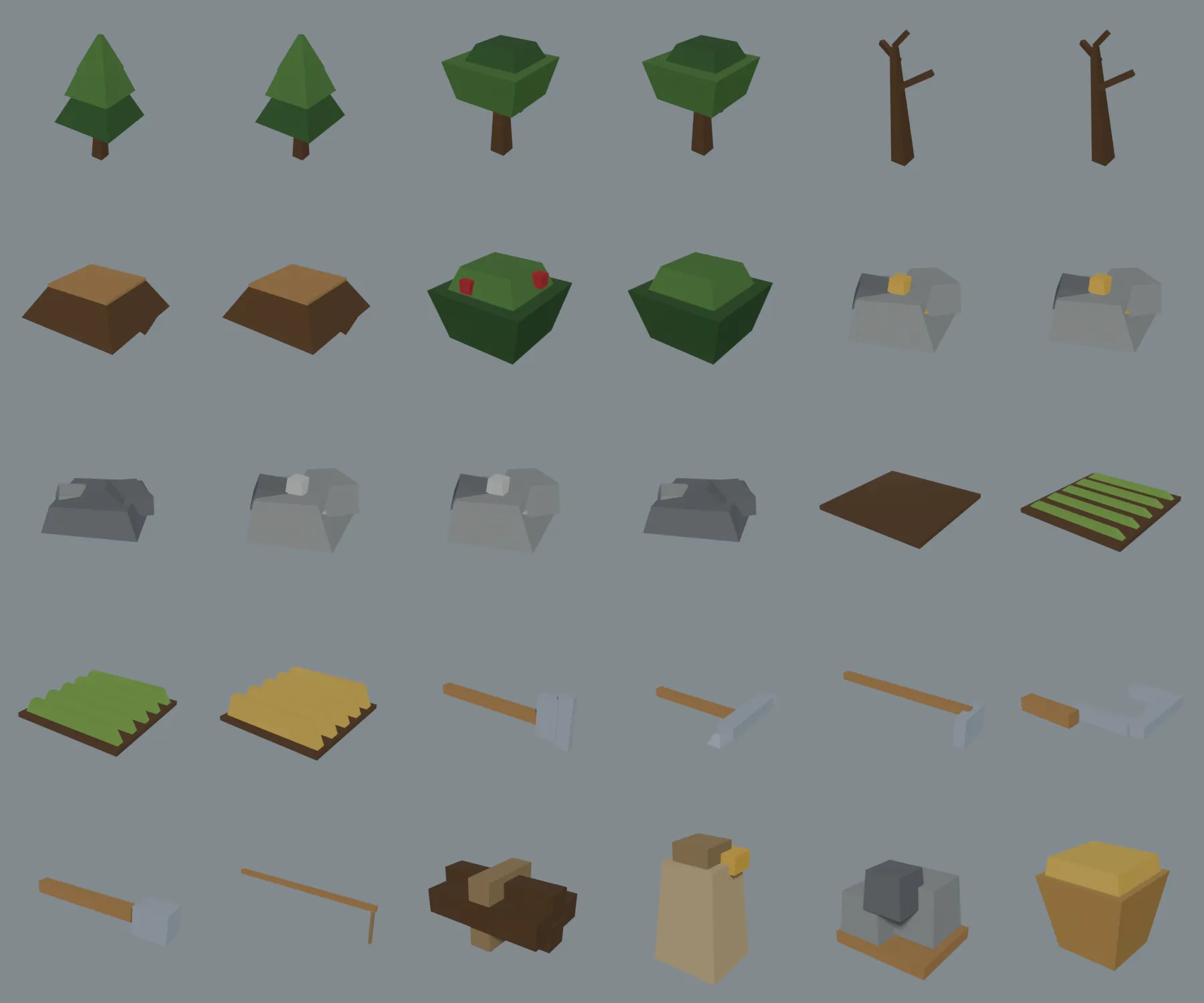 A contact sheet of RTSKit props: pine, oak and dead trees at two sizes, two stumps, ripe and picked berry bushes, gold and stone outcrops at three stages, four farm plots from bare soil to ripe crop, six tools on their sides, and carry loads of logs, a sack, stone and a basket.