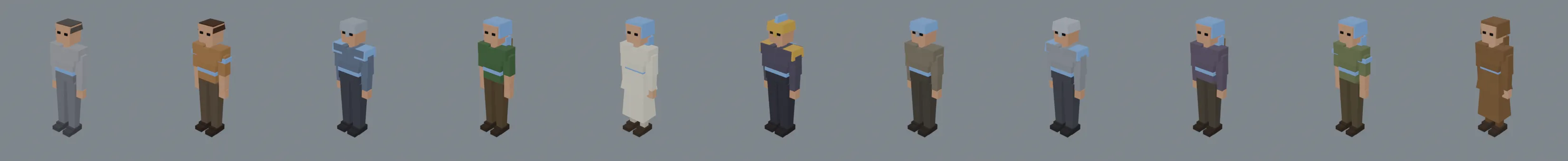 All eleven RTSKit characters in a row: the plain grey Base figure, Villager, Infantry, Archer, Priest, Hero, Spearman, Swordsman, Crossbowman, Scout and Monk, each with its faction-coloured parts in light blue.
